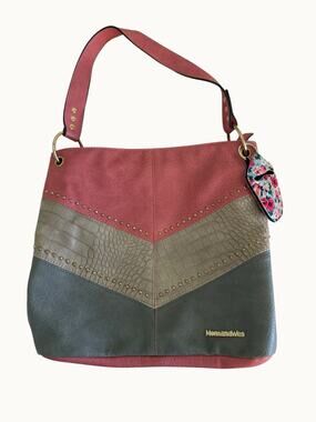 Montana West Chevron Studded Hobo Pink/Gray Faux Leather Shoulder Purse